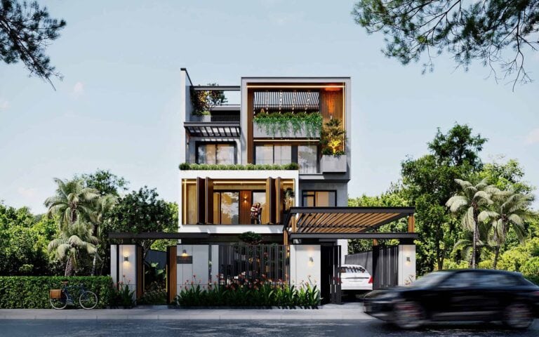 Công trình nhà ở hiện đại, thiết kế xây dựng tối ưu và không gian xanh thoáng đãng.