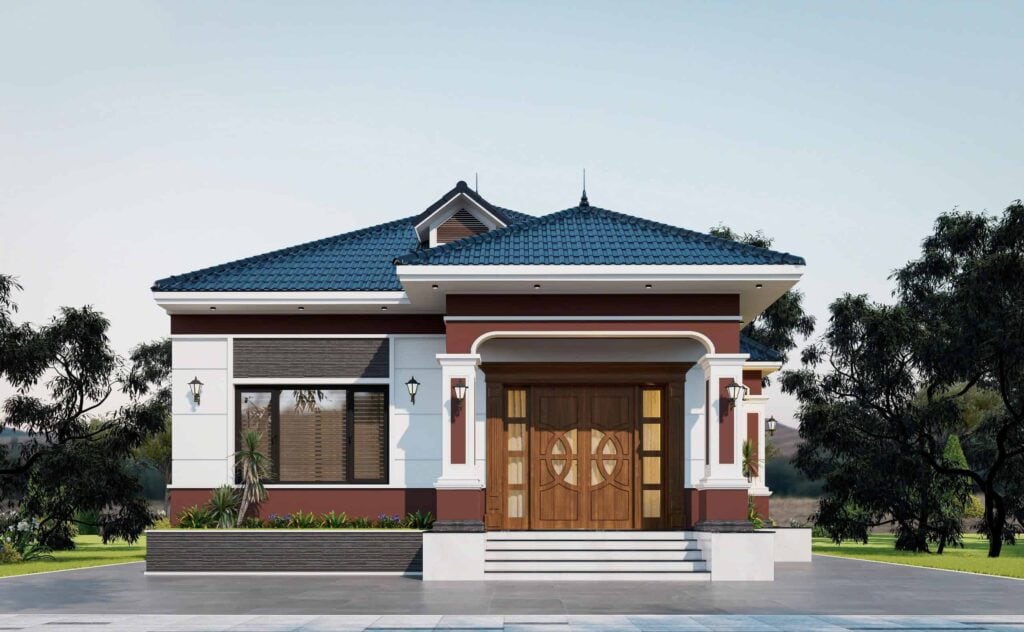 Đặc trưng nhà ở Việt Nam phong cách hiện đại, mái nhà lợp ngói xanh, facade đẹp mắt, phù hợp xây dựng nhà vườn.