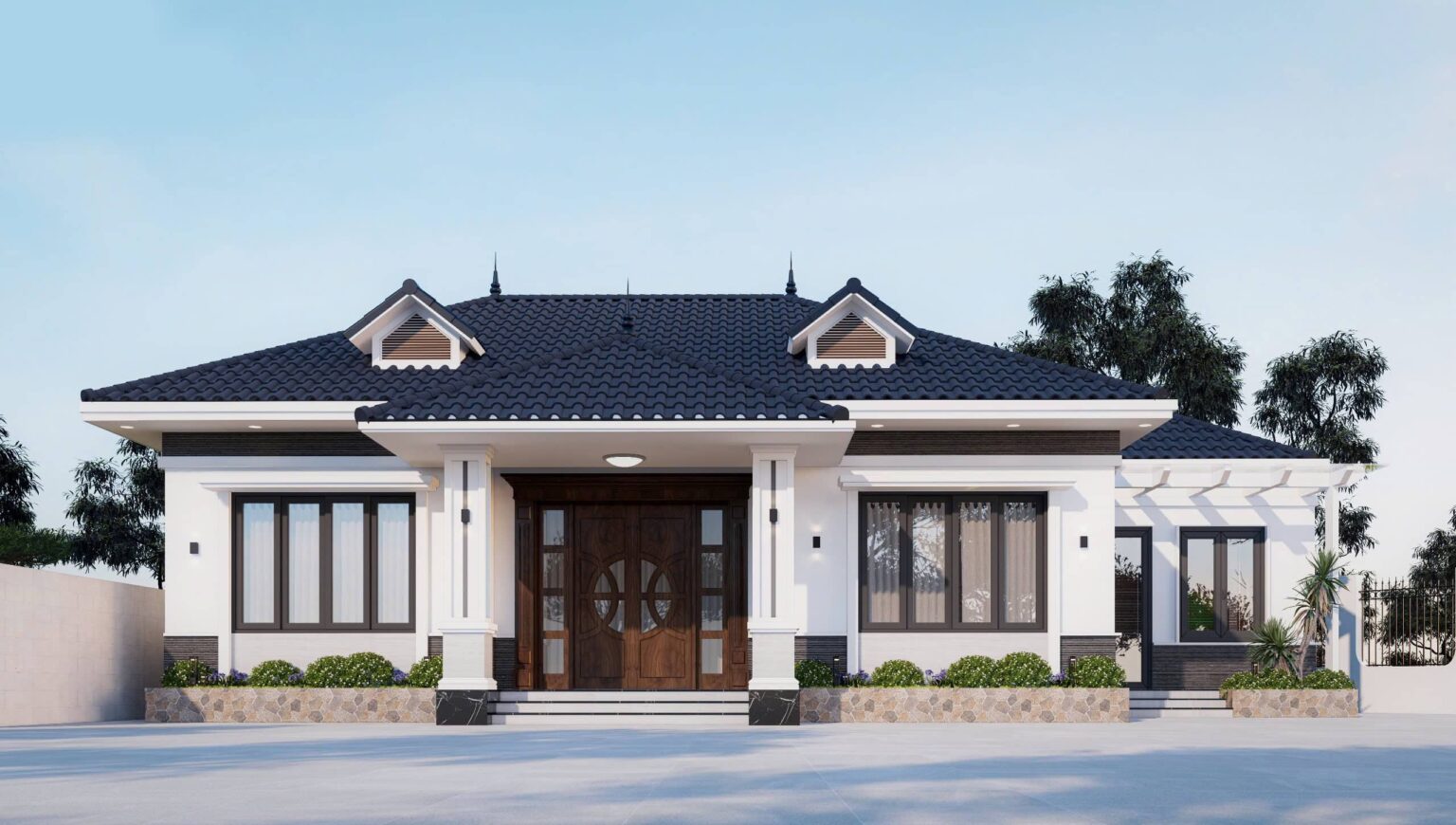 Sổ tay nhà đẹp, kiến trúc biệt thự hiện đại, mái ngói xanh, không gian sang trọng.