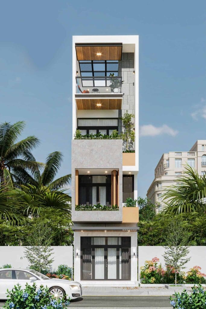 Tòa nhà phố hiện đại tại Viet Housing, thiết kế tối ưu không gian sống xanh, sang trọng và tiện nghi.
