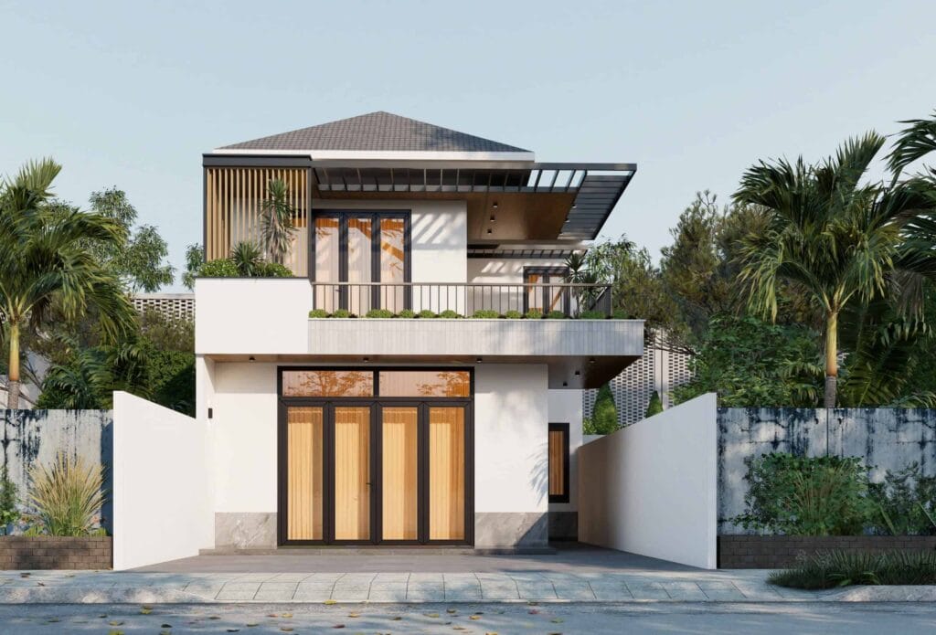 Ngôi nhà hiện đại phong cách tối giản, sử dụng vật liệu tự nhiên và cây cảnh đẹp.